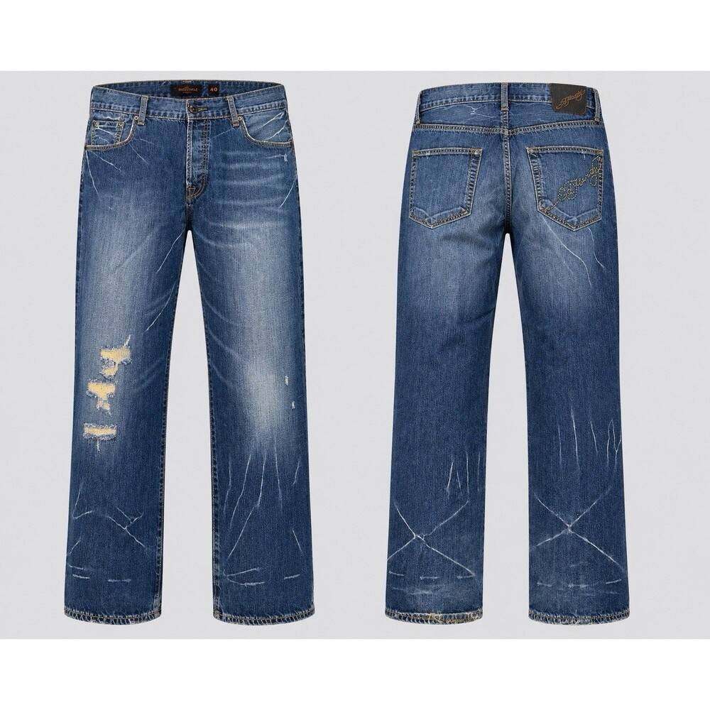 Ed Hardy Jeans Mens 40/32 Button Fly Denim Straight Y2K Distressed Embroidery